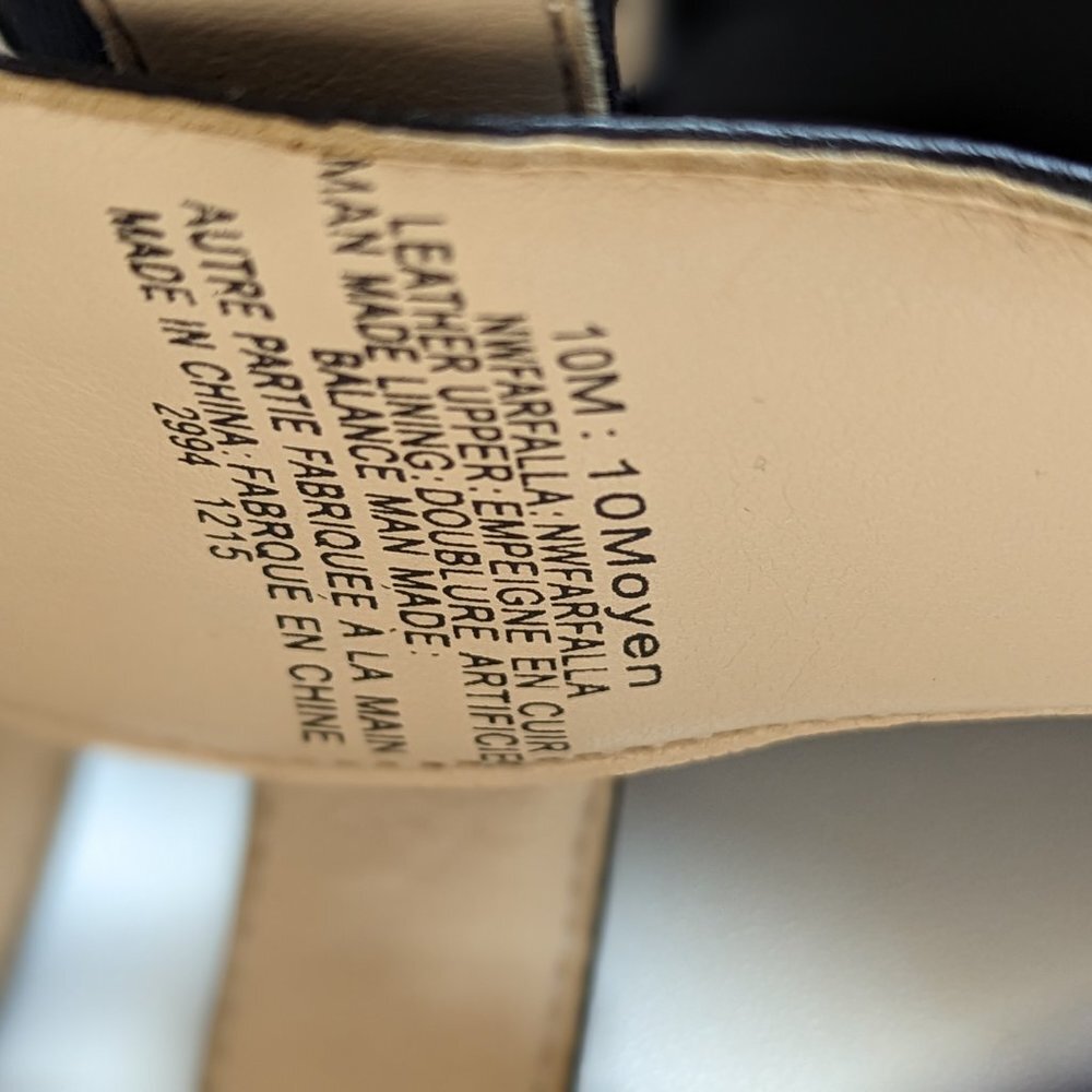 NINE WEST Women's Wedge Leather Sandals Gold Buckle Black Strap 4" Heel … - Picture 6 of 8